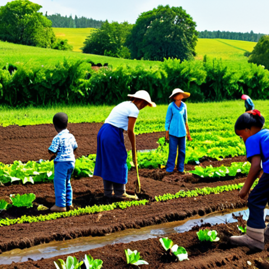 A diverse group of people, including adults and children, engaged in farming activities in a vibrant, flourishing regenerative farm field. The subjects are fully clothed in modest, practical outdoor attire, such as sturdy shirts, trousers, and boots, appropriate for agricultural work. The rich, dark soil supports diverse, healthy crops growing harmoniously under a clear, bright sky, with subtle signs of sustainable water management in the background. The scene conveys a sense of community, sustainability, and vitality. perfect anatomy, correct proportions, natural pose, well-formed hands, proper finger count, natural body proportions, professional photography, high quality, safe for work, appropriate content, fully clothed, family-friendly.