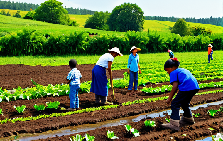 A diverse group of people, including adults and children, engaged in farming activities in a vibrant, flourishing regenerative farm field. The subjects are fully clothed in modest, practical outdoor attire, such as sturdy shirts, trousers, and boots, appropriate for agricultural work. The rich, dark soil supports diverse, healthy crops growing harmoniously under a clear, bright sky, with subtle signs of sustainable water management in the background. The scene conveys a sense of community, sustainability, and vitality. perfect anatomy, correct proportions, natural pose, well-formed hands, proper finger count, natural body proportions, professional photography, high quality, safe for work, appropriate content, fully clothed, family-friendly.