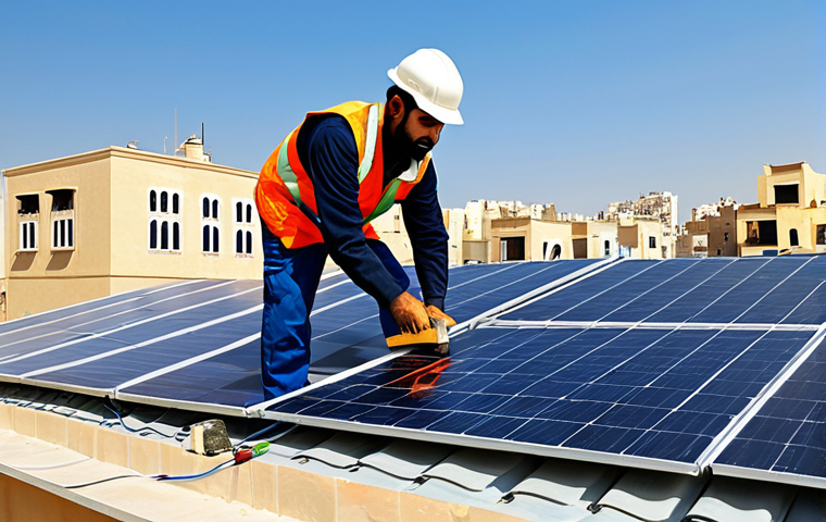 탄소 배출 저감을 위한 기술 개발 - Solar Panel Installation**

"A fully clothed engineer in appropriate work attire inspecting solar pa...