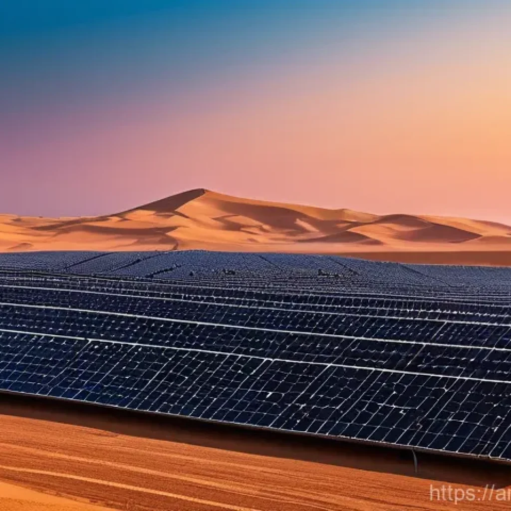 환경 혁신과 사회적 책임 - **A sprawling, futuristic solar farm in a golden desert landscape.** The sun is setting, casting lon...