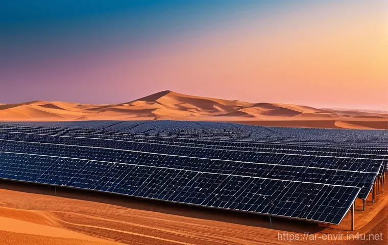 환경 혁신과 사회적 책임 - **A sprawling, futuristic solar farm in a golden desert landscape.** The sun is setting, casting lon...