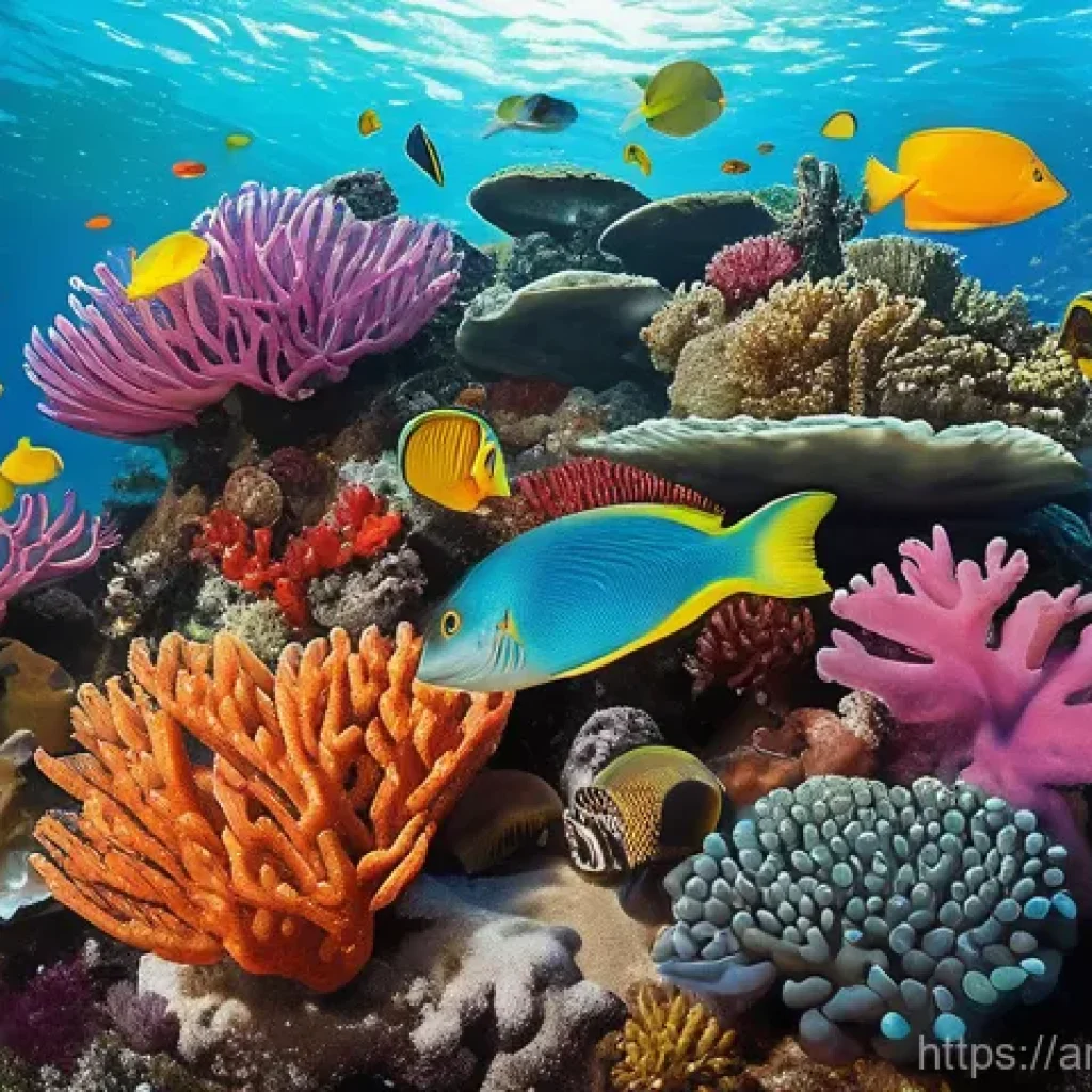 해양 생태계 보호 - **Vibrant Coral Reef with Subtle Plastic Reminder**
    A breathtaking, photorealistic underwater sc...