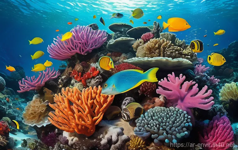 해양 생태계 보호 - **Vibrant Coral Reef with Subtle Plastic Reminder**
    A breathtaking, photorealistic underwater sc...