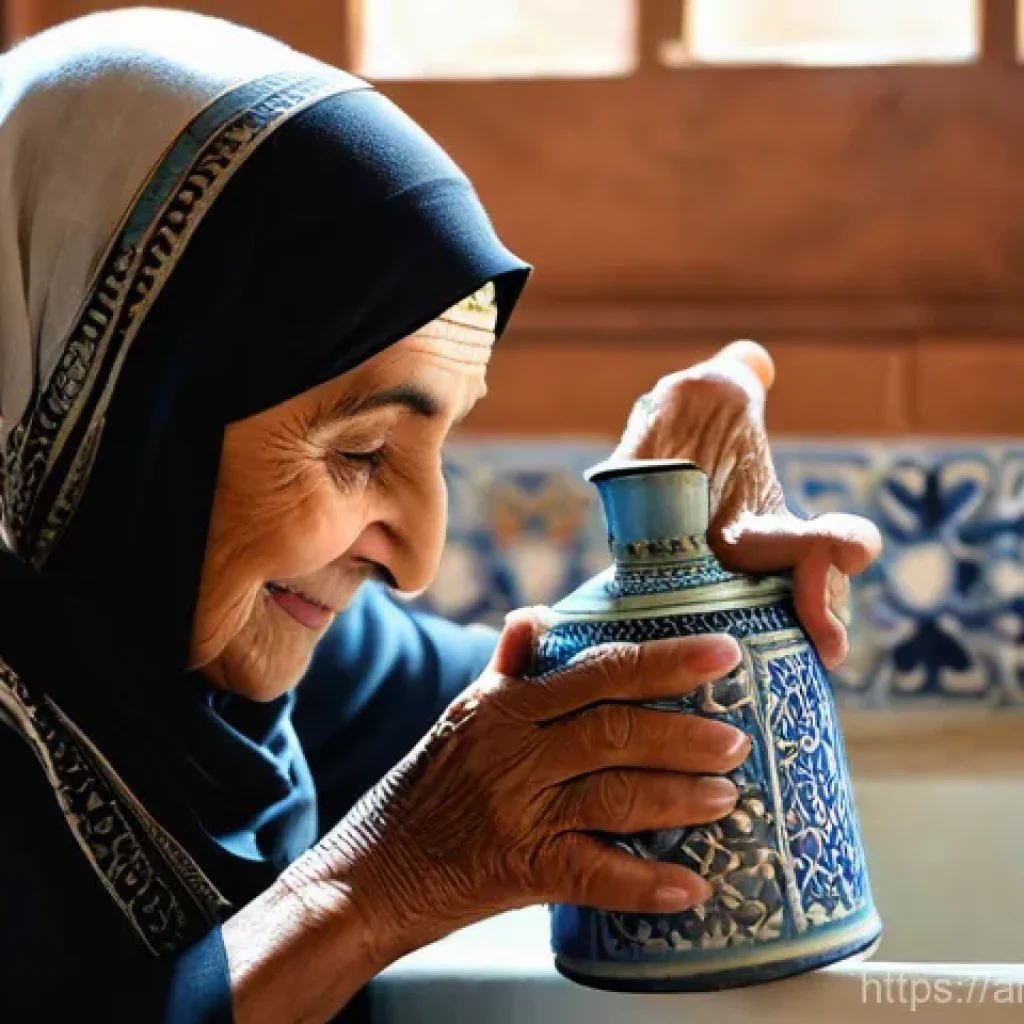 수자원 관리와 지속 가능성 - **Prompt:** A dignified close-up of an elderly Arab woman's hands, gently holding a traditional, orn...
