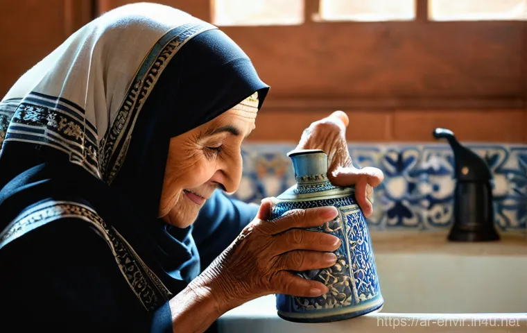 수자원 관리와 지속 가능성 - **Prompt:** A dignified close-up of an elderly Arab woman's hands, gently holding a traditional, orn...