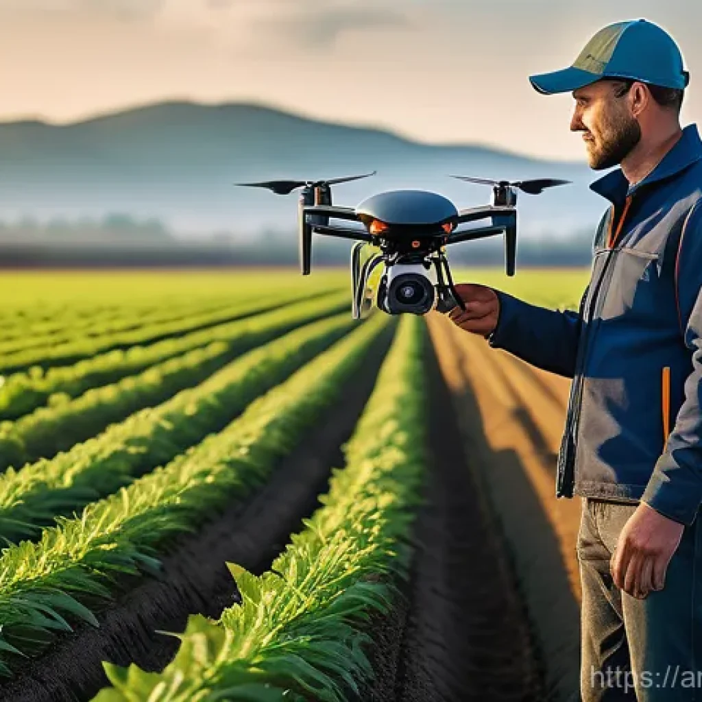 기후 변화 대응 기술 - A high-tech agricultural landscape where a modern farmer, wearing practical but stylish workwear, st...