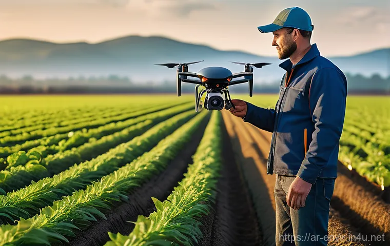 기후 변화 대응 기술 - A high-tech agricultural landscape where a modern farmer, wearing practical but stylish workwear, st...