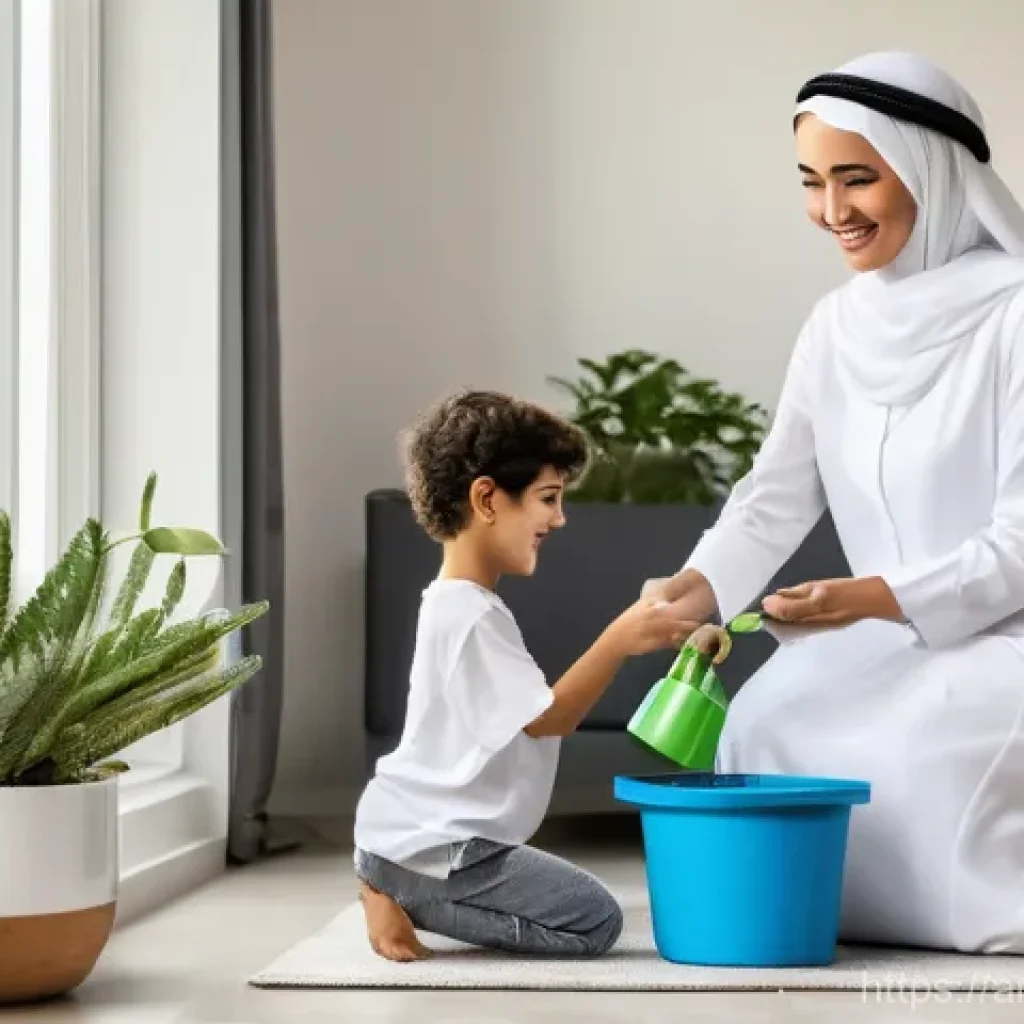 환경 교육의 중요성 - **Eco-Conscious Arab Family in a Smart Home:**
    A warm, inviting scene inside a modern, tastefull...