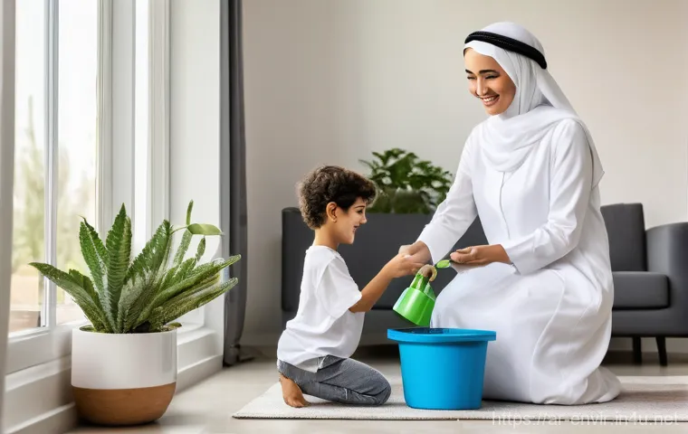 환경 교육의 중요성 - **Eco-Conscious Arab Family in a Smart Home:**
    A warm, inviting scene inside a modern, tastefull...