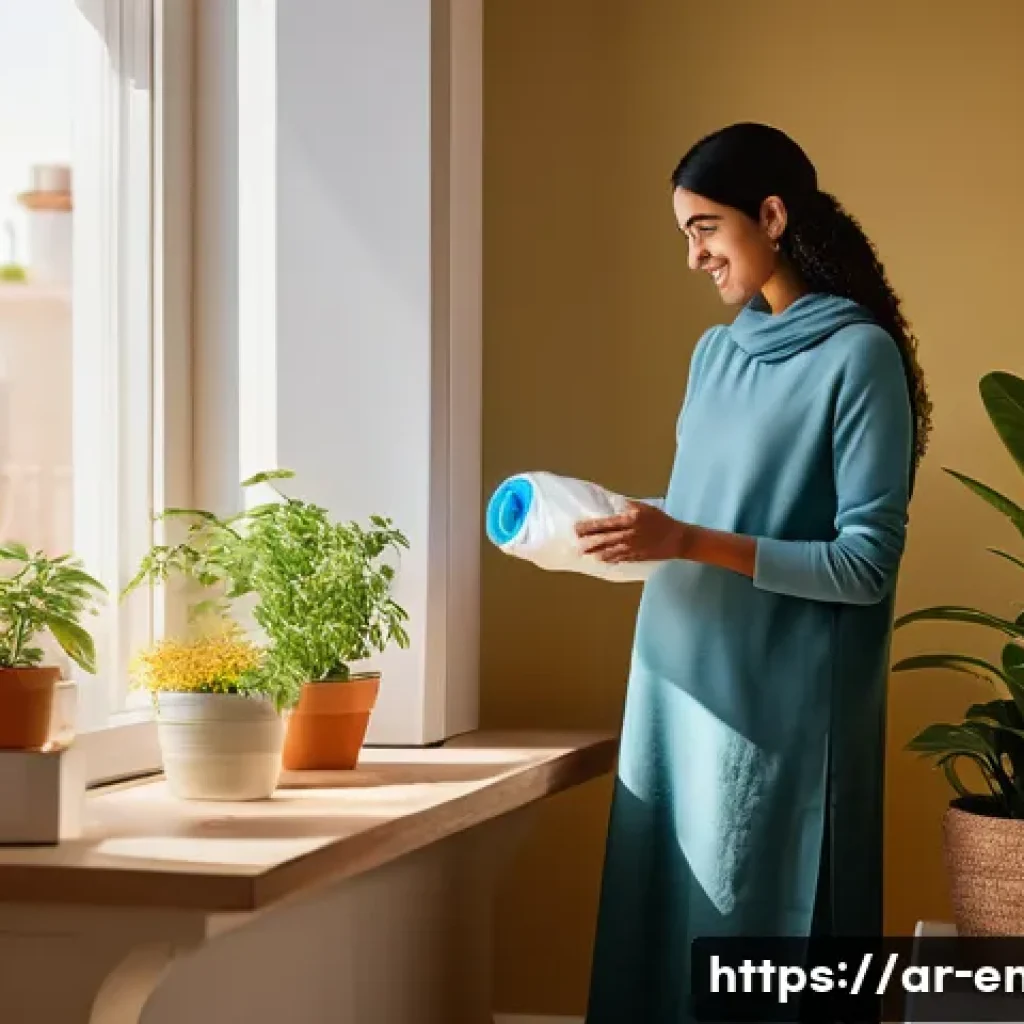 탄소 중립 목표 달성 - **Prompt:** A cozy, brightly lit modern Arab living room, where a mother, wearing modest contemporar...