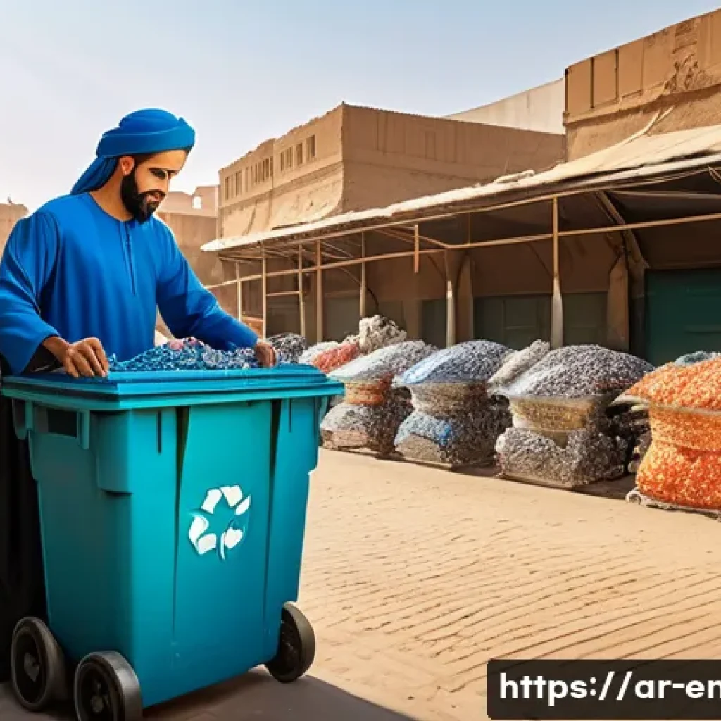 자원 순환 경제 - A vibrant urban recycling center in a Middle Eastern city, featuring modern AI-powered robotic arms ...