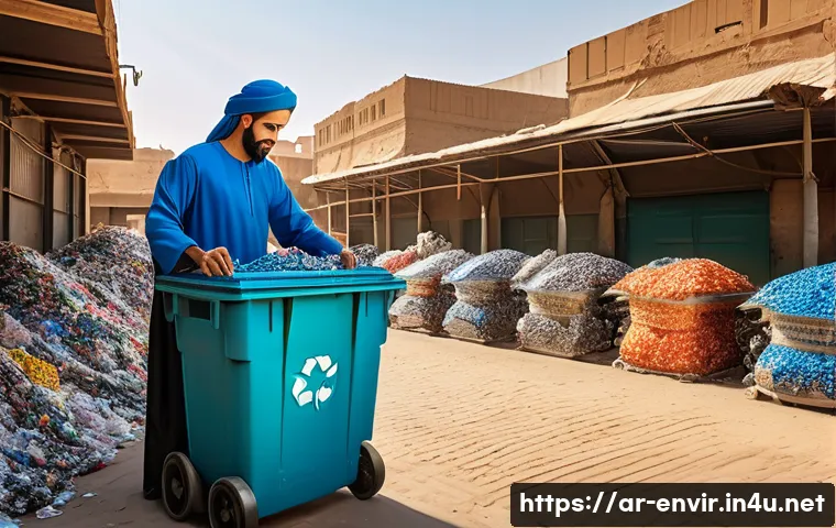 자원 순환 경제 - A vibrant urban recycling center in a Middle Eastern city, featuring modern AI-powered robotic arms ...