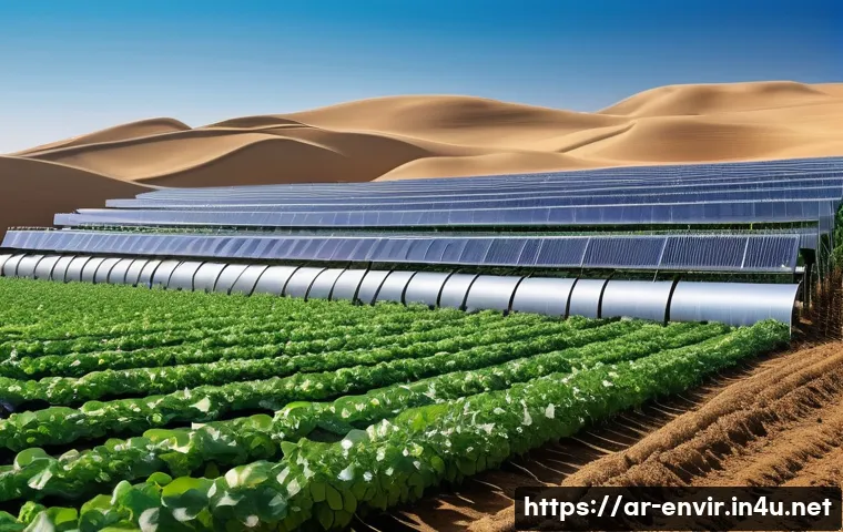 물 부족 문제 해결 - A modern agricultural farm in the Middle East featuring advanced drip irrigation systems, with rows ...