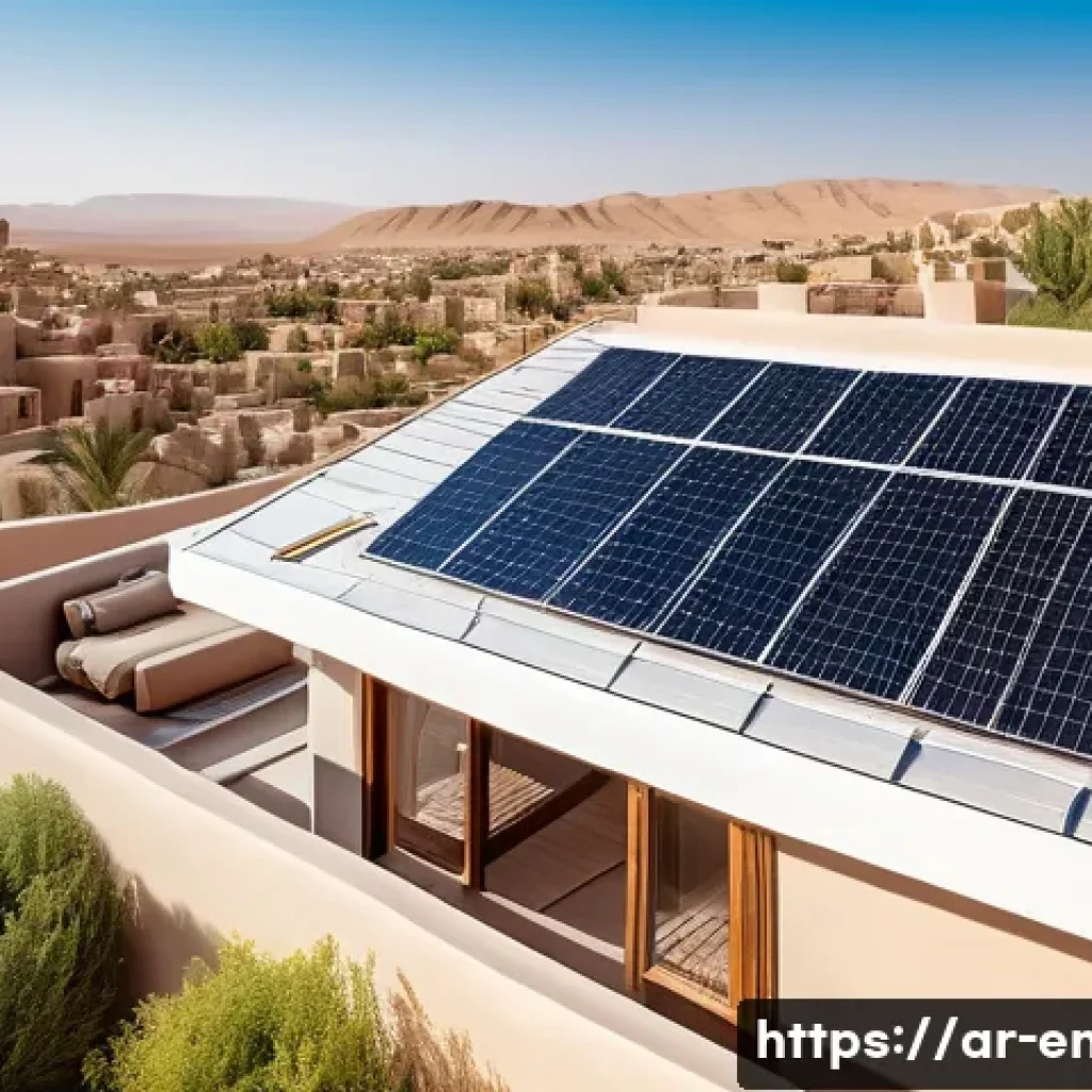 지속 가능한 에너지 기술 개발 - A modern rooftop installation of flexible, lightweight solar panels on a traditional Middle Eastern ...