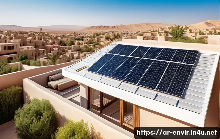 지속 가능한 에너지 기술 개발 - A modern rooftop installation of flexible, lightweight solar panels on a traditional Middle Eastern ...