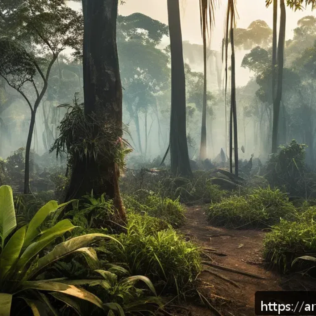 기후 변화와 생물학적 다양성 - A vivid scene depicting the Amazon rainforest in a dry season, with visibly shrinking green foliage ...