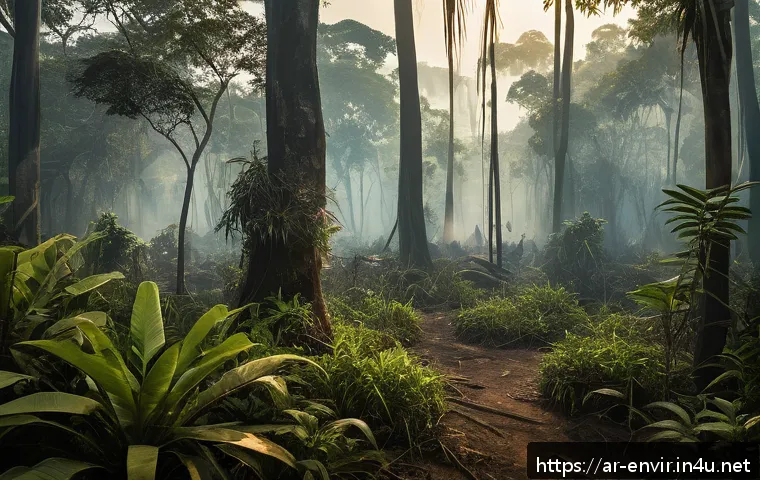 기후 변화와 생물학적 다양성 - A vivid scene depicting the Amazon rainforest in a dry season, with visibly shrinking green foliage ...