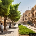 기후 변화와 물리적 위험 - A detailed urban scene in a Middle Eastern city during an intense heatwave, showing diverse people i...