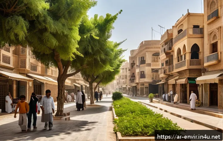 기후 변화와 물리적 위험 - A detailed urban scene in a Middle Eastern city during an intense heatwave, showing diverse people i...