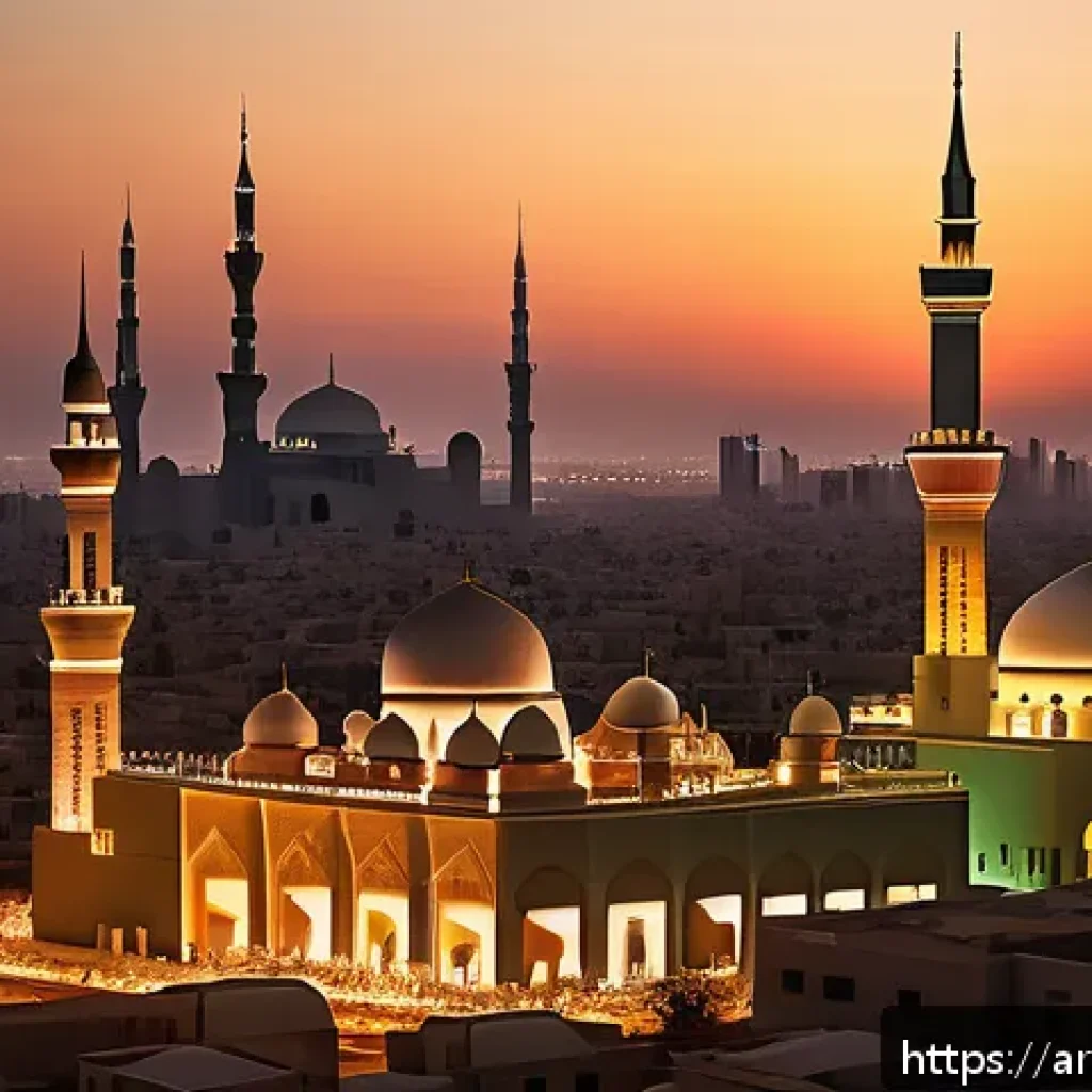 탄소 배출권 제도의 효과성 - A futuristic Middle Eastern cityscape at sunset, showcasing a blend of traditional Arabic architectu...