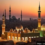 탄소 배출권 제도의 효과성 - A futuristic Middle Eastern cityscape at sunset, showcasing a blend of traditional Arabic architectu...