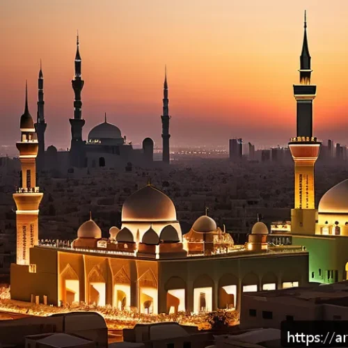 탄소 배출권 제도의 효과성 - A futuristic Middle Eastern cityscape at sunset, showcasing a blend of traditional Arabic architectu...