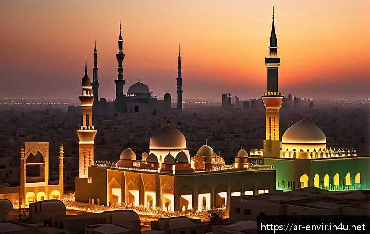 탄소 배출권 제도의 효과성 - A futuristic Middle Eastern cityscape at sunset, showcasing a blend of traditional Arabic architectu...