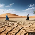 환경과 인류의 관계 - A detailed digital painting of an arid agricultural landscape in an Arabic region, showing cracked d...