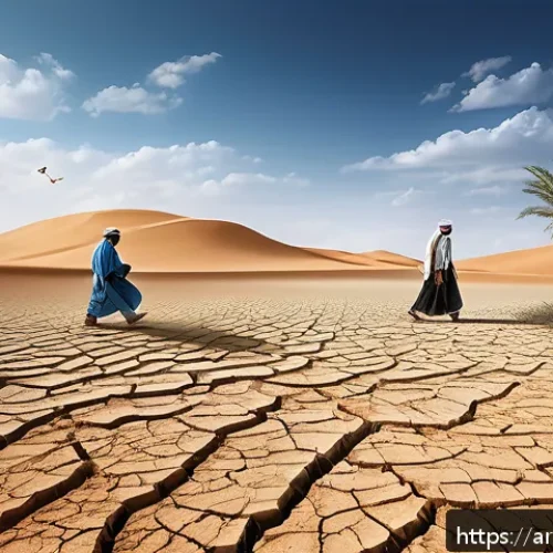 환경과 인류의 관계 - A detailed digital painting of an arid agricultural landscape in an Arabic region, showing cracked d...