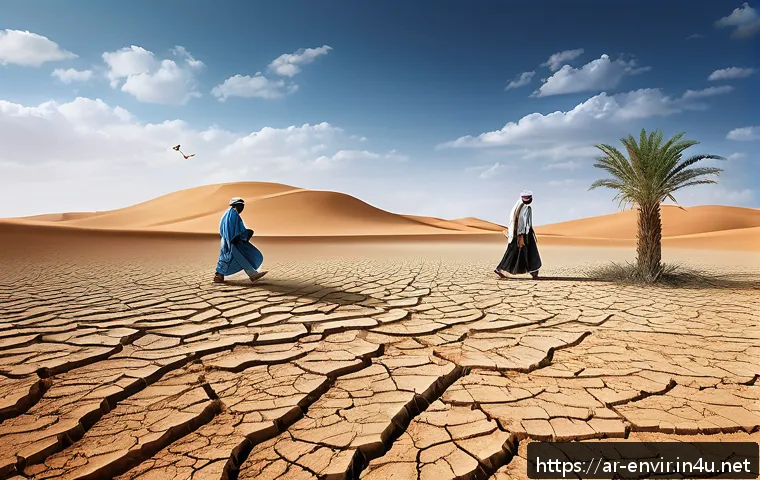 환경과 인류의 관계 - A detailed digital painting of an arid agricultural landscape in an Arabic region, showing cracked d...