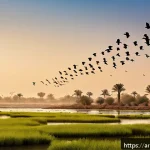 환경 변화와 동물의 이동 - A detailed scene of migratory birds in a lush Middle Eastern wetland during early spring, showing di...