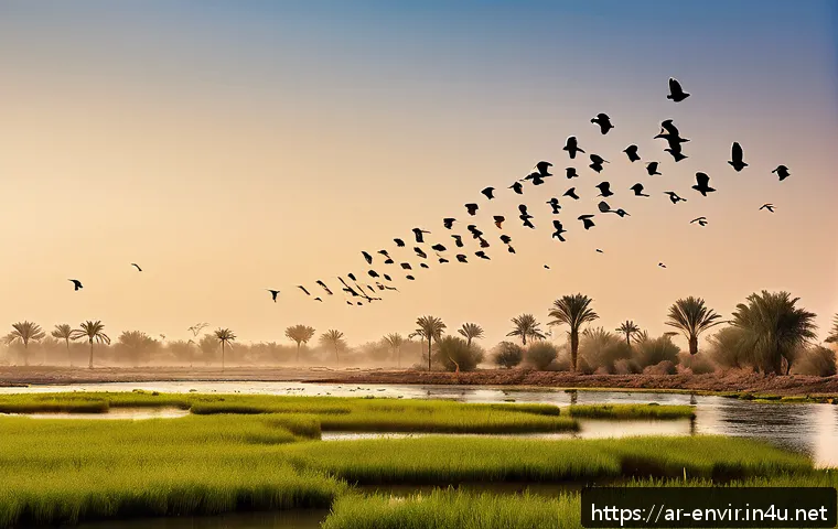 환경 변화와 동물의 이동 - A detailed scene of migratory birds in a lush Middle Eastern wetland during early spring, showing di...
