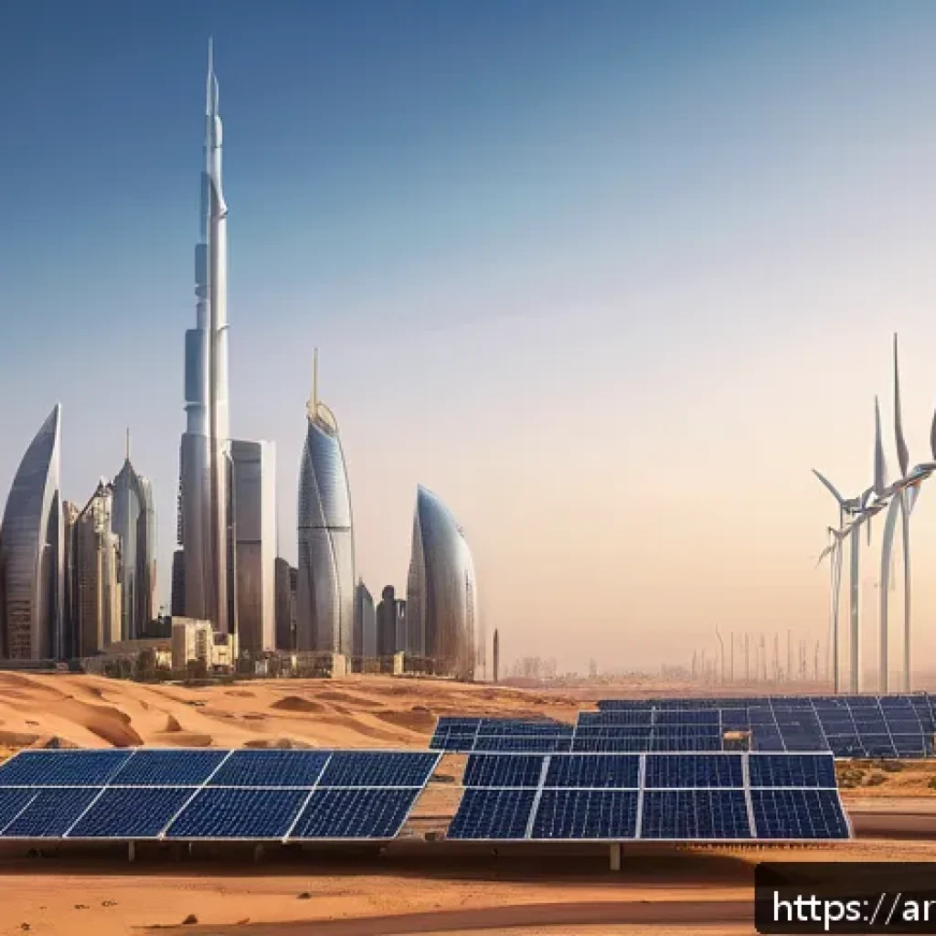 온실가스 배출 감소를 위한 기술 혁신 - A modern smart cityscape in an Arab country at dusk, featuring high-tech residential and commercial ...